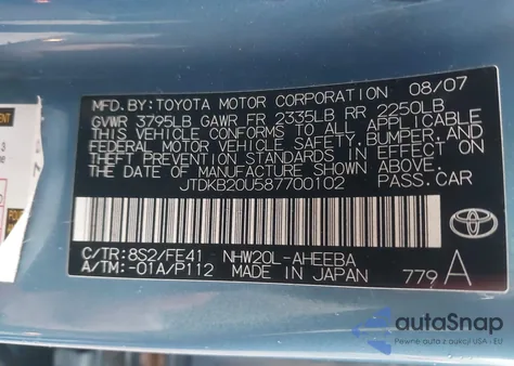 2008 Toyota Prius из США, поврежденный, VIN JTDKB20U587700102